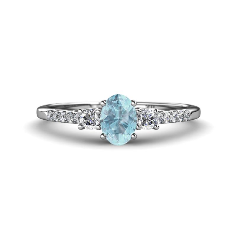 Arista Classic Oval Cut Aquamarine and Round Diamond Three Stone Engagement Ring 