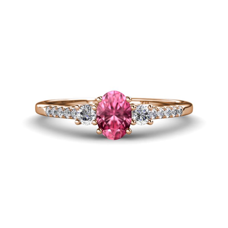 Arista Classic Oval Cut Pink Tourmaline and Round Diamond Three Stone Engagement Ring 