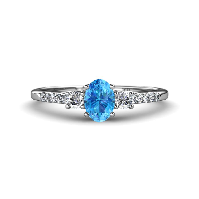 Arista Classic Oval Cut Blue Topaz and Round Diamond Three Stone Engagement Ring 