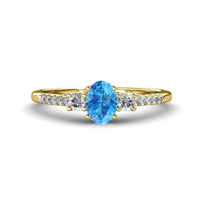 Arista Classic Oval Cut Blue Topaz and Round Diamond Three Stone Engagement Ring 
