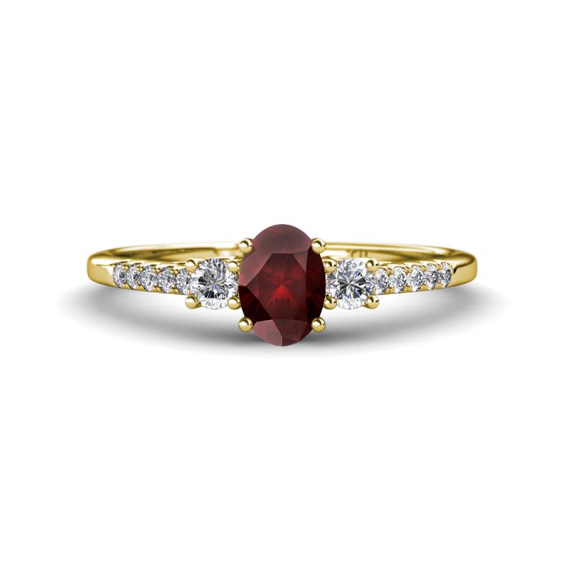 Arista Classic Oval Cut Red Garnet and Round Diamond Three Stone Engagement Ring 