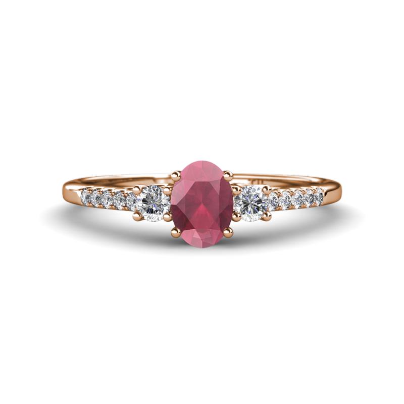 Arista Classic Oval Cut Rhodolite Garnet and Round Diamond Three Stone Engagement Ring 