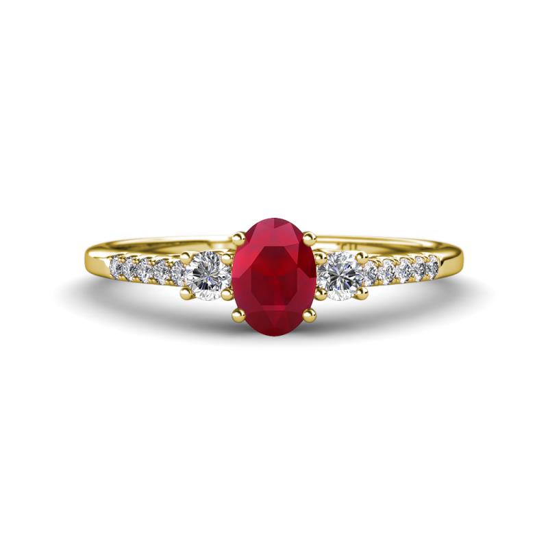 Arista Classic Oval Cut Ruby and Round Diamond Three Stone Engagement Ring 