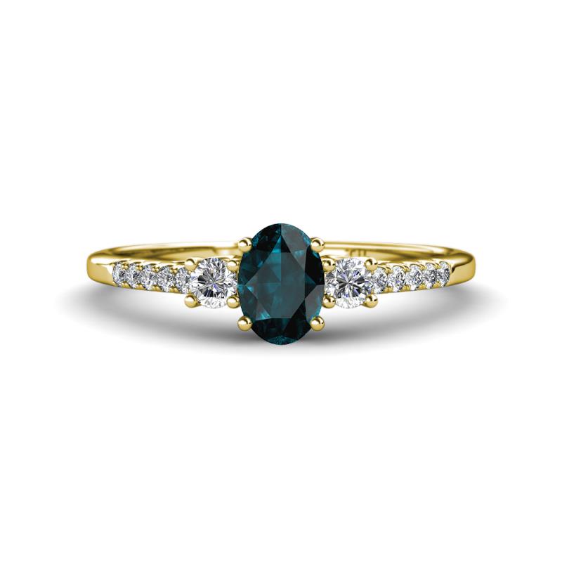 Arista Classic Oval Cut London Blue Topaz and Round Diamond Three Stone Engagement Ring 