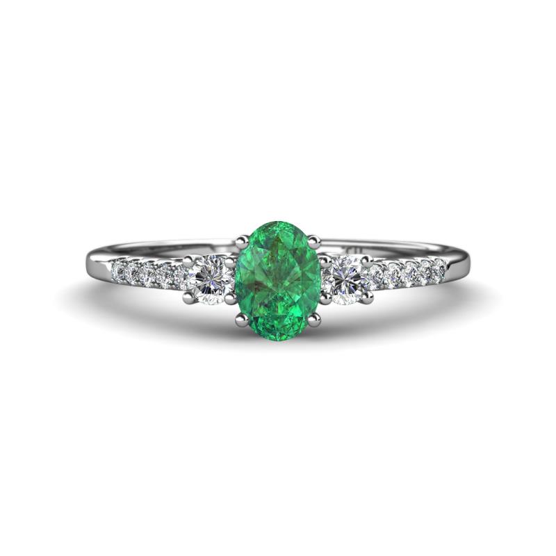 Arista Classic Oval Cut Emerald and Round Diamond Three Stone Engagement Ring 