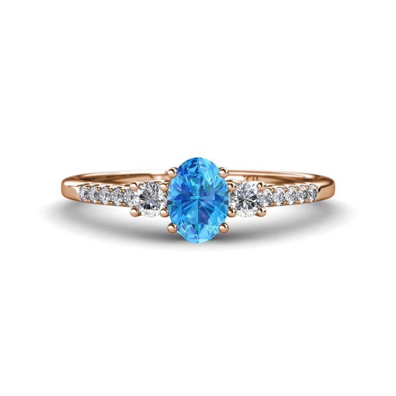 Arista Classic Oval Cut Blue Topaz and Round Diamond Three Stone Engagement Ring 