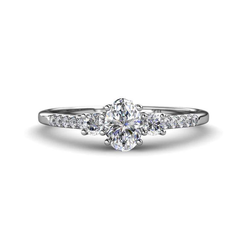 Arista Classic Oval Cut Forever One Moissanite and Round Diamond Three Stone Engagement Ring 