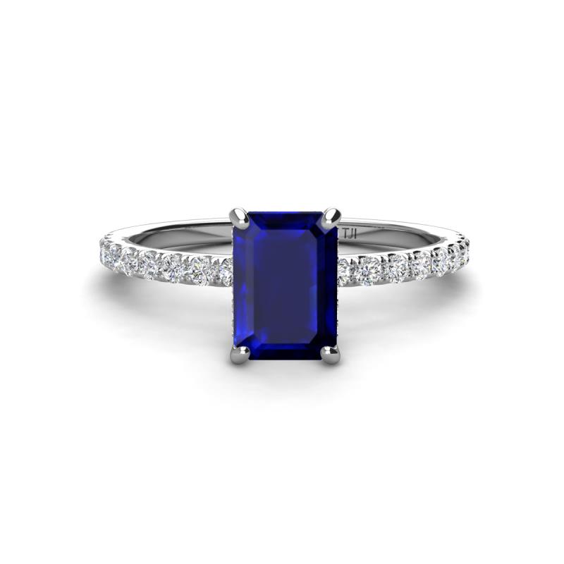 Charlotte Desire 7x5 mm Emerald Cut Blue Sapphire and Round Diamond Hidden Halo Engagement Ring 