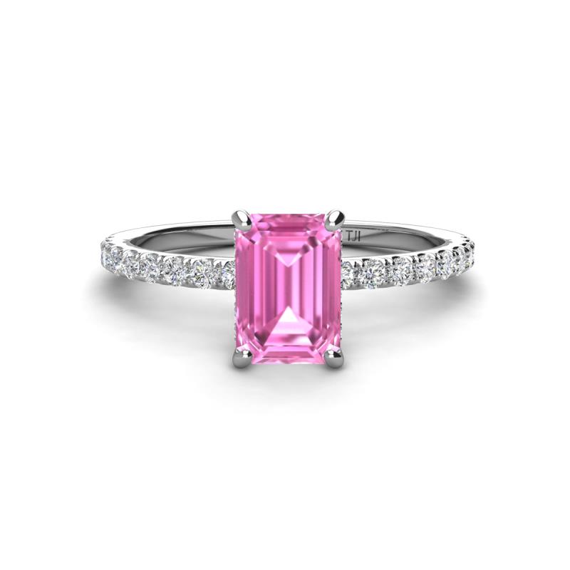 Charlotte Desire 7x5 mm Emerald Cut Pink Sapphire and Round Diamond Hidden Halo Engagement Ring 