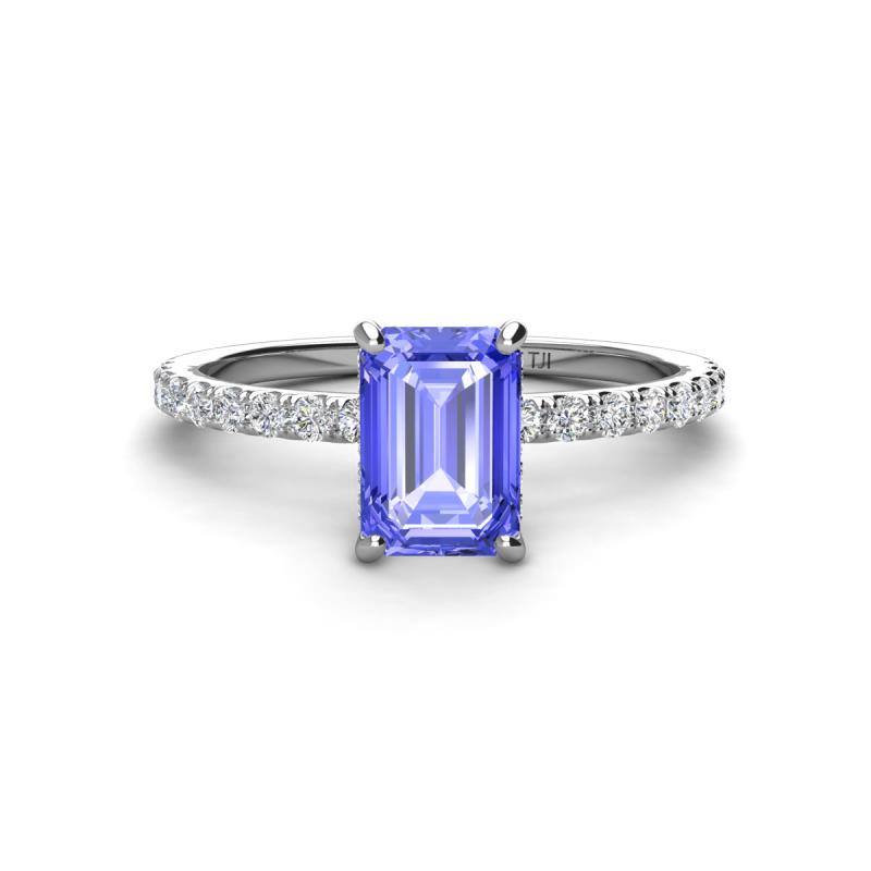 Charlotte Desire 7x5 mm Emerald Cut Tanzanite and Round Diamond Hidden Halo Engagement Ring 