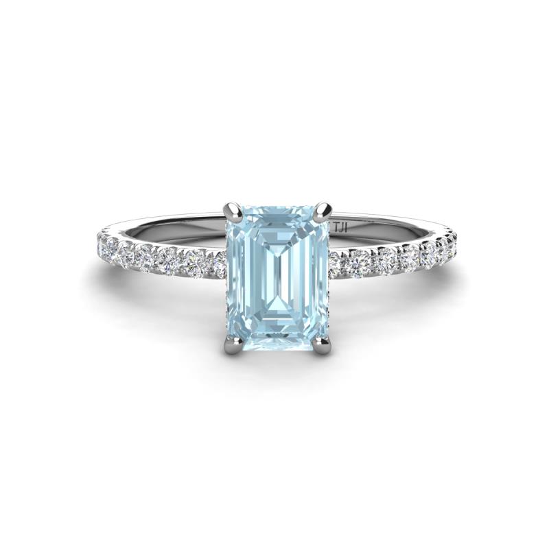 Charlotte Desire 7x5 mm Emerald Cut Aquamarine and Round Diamond Hidden Halo Engagement Ring 