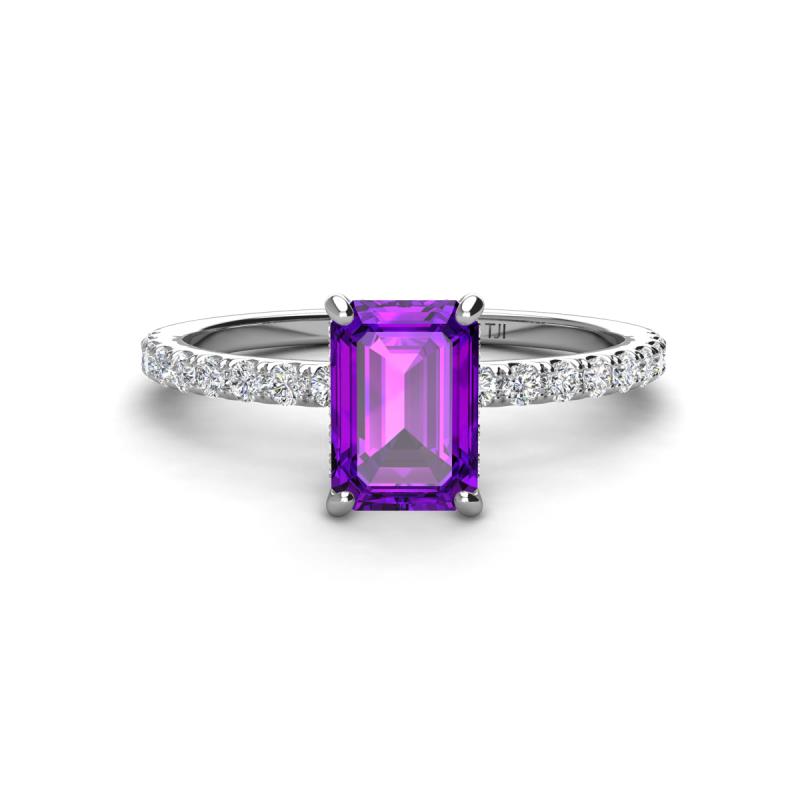 Charlotte Desire 7x5 mm Emerald Cut Amethyst and Round Diamond Hidden Halo Engagement Ring 