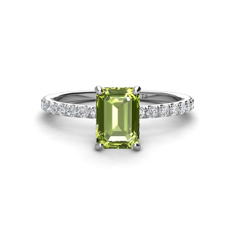 Charlotte Desire 7x5 mm Emerald Cut Peridot and Round Diamond Hidden Halo Engagement Ring 