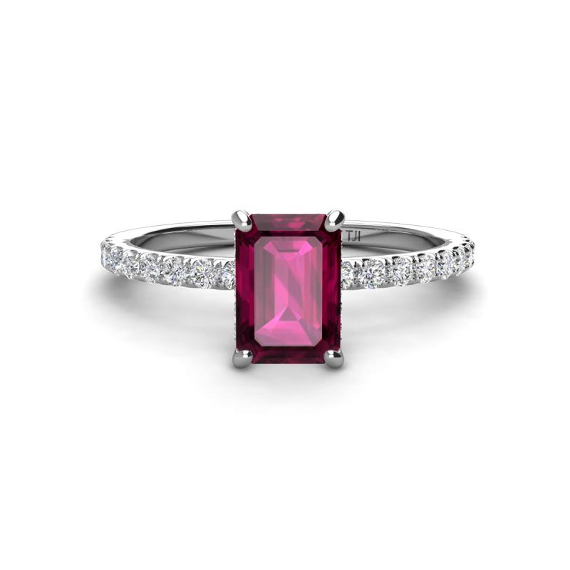 Charlotte Desire 7x5 mm Emerald Cut Rhodolite Garnet and Round Diamond Hidden Halo Engagement Ring 
