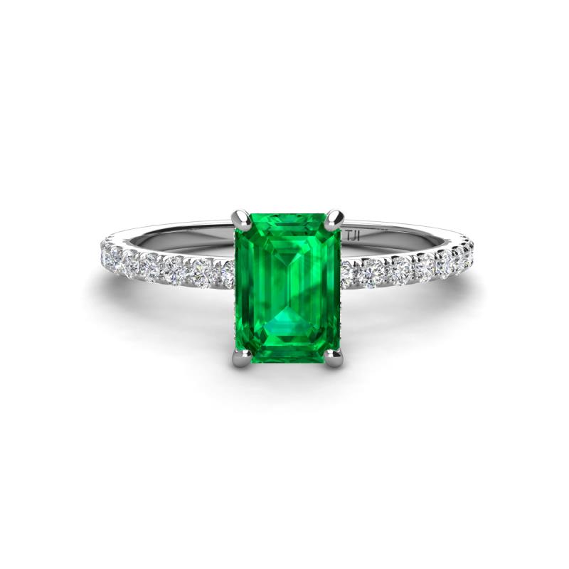 Charlotte Desire 7x5 mm Emerald Cut Emerald and Round Diamond Hidden Halo Engagement Ring 