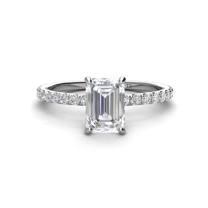 Charlotte Desire 7x5 mm Emerald Cut White Sapphire and Round Diamond Hidden Halo Engagement Ring 