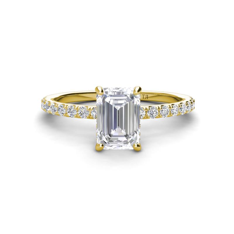 Charlotte Desire 7x5 mm Emerald Cut White Sapphire and Round Diamond Hidden Halo Engagement Ring 