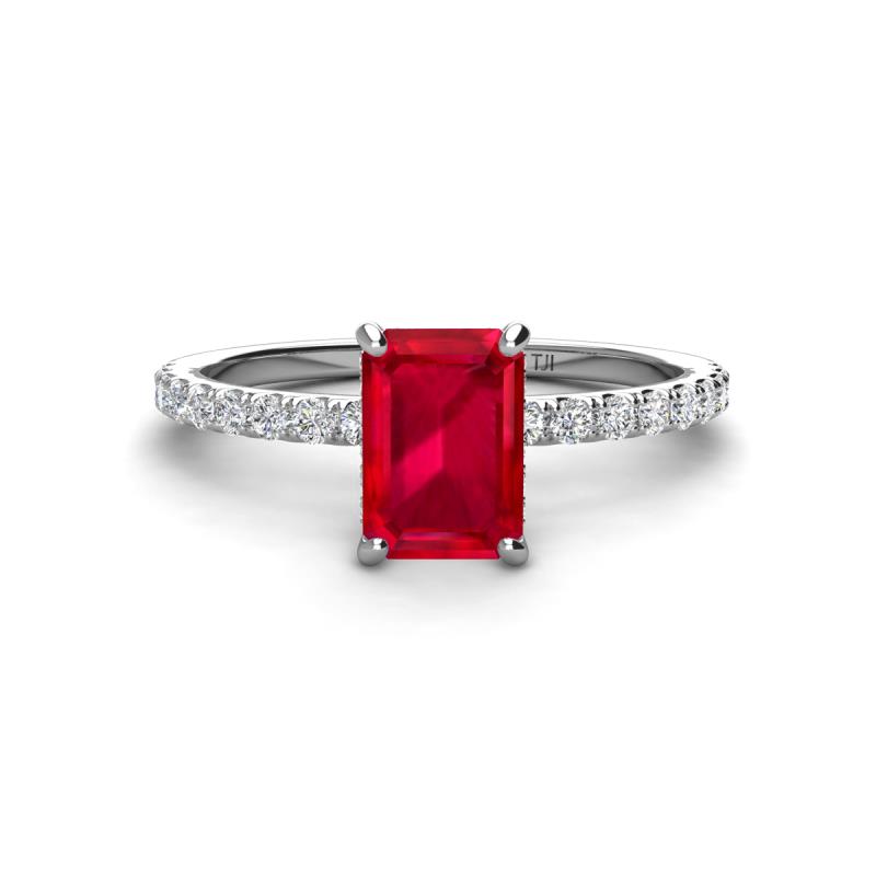 Charlotte Desire 7x5 mm Emerald Cut Ruby and Round Diamond Hidden Halo Engagement Ring 