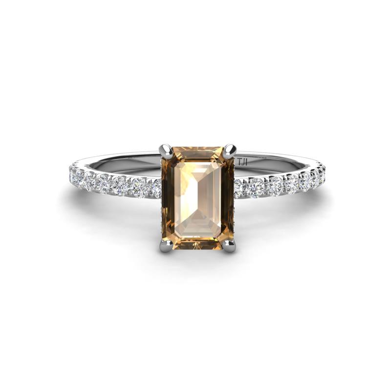 Charlotte Desire 7x5 mm Emerald Cut Smoky Quartz and Round Diamond Hidden Halo Engagement Ring 