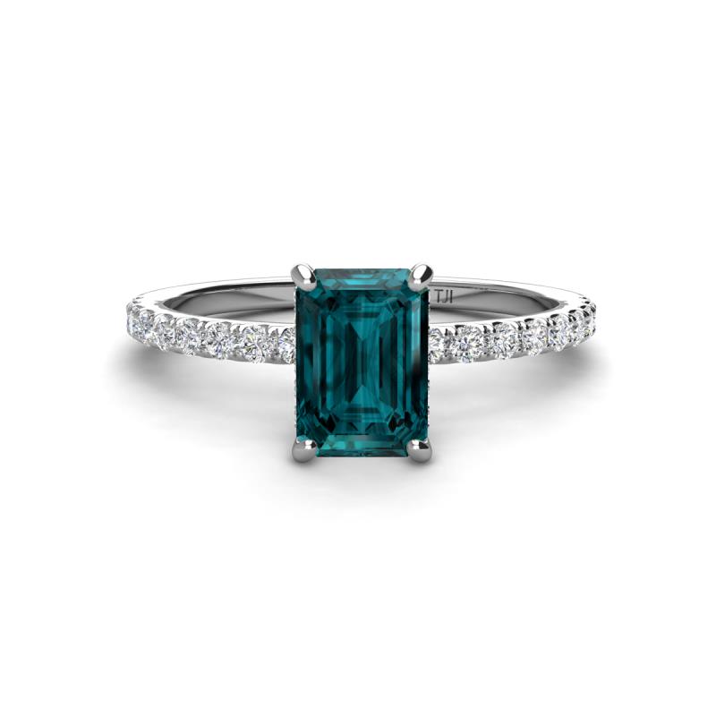 Charlotte Desire 7x5 mm Emerald Cut London Blue Topaz and Round Diamond Hidden Halo Engagement Ring 