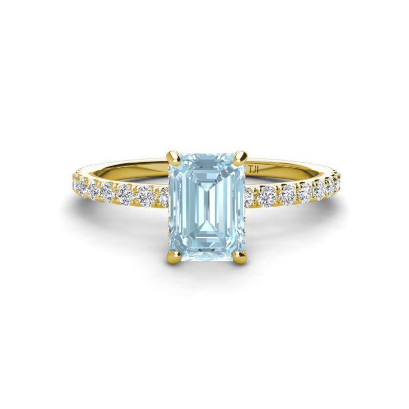 Charlotte Desire 7x5 mm Emerald Cut Aquamarine and Round Diamond Hidden Halo Engagement Ring 