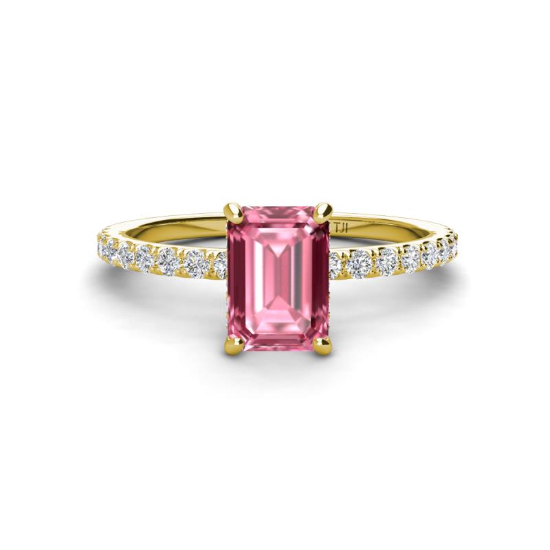 Charlotte Desire 7x5 mm Emerald Cut Pink Tourmaline and Round Diamond Hidden Halo Engagement Ring 