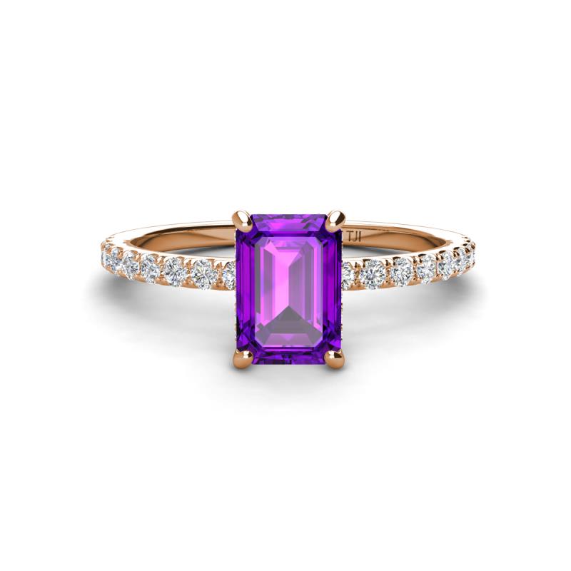 Charlotte Desire 7x5 mm Emerald Cut Amethyst and Round Diamond Hidden Halo Engagement Ring 