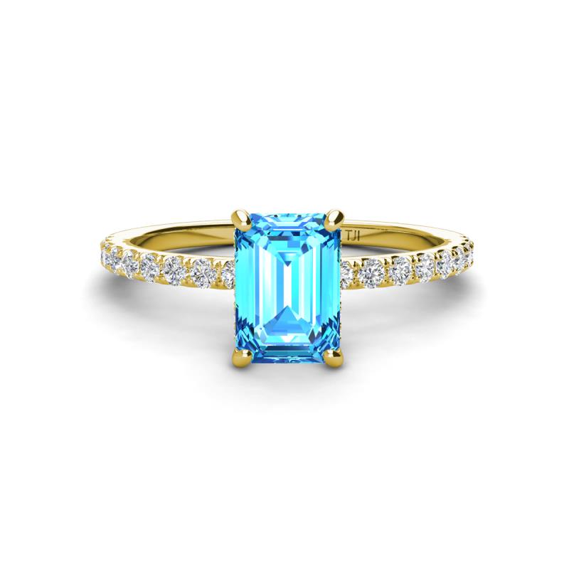 Charlotte Desire 7x5 mm Emerald Cut Blue Topaz and Round Diamond Hidden Halo Engagement Ring 