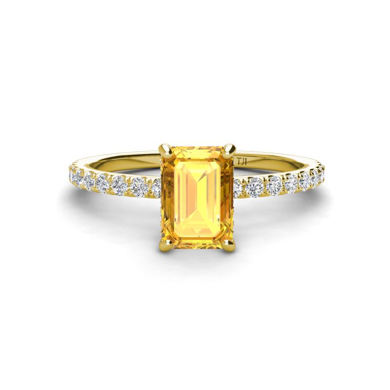 Charlotte Desire 7x5 mm Emerald Cut Citrine and Round Diamond Hidden Halo Engagement Ring 
