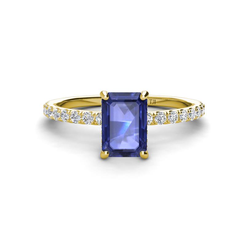 Charlotte Desire 7x5 mm Emerald Cut Iolite and Round Diamond Hidden Halo Engagement Ring 