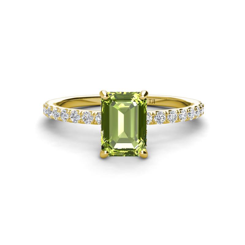 Charlotte Desire 7x5 mm Emerald Cut Peridot and Round Diamond Hidden Halo Engagement Ring 