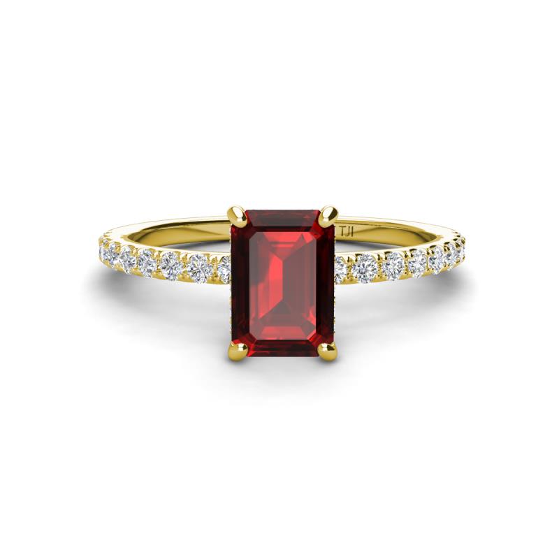 Charlotte Desire 7x5 mm Emerald Cut Red Garnet and Round Diamond Hidden Halo Engagement Ring 