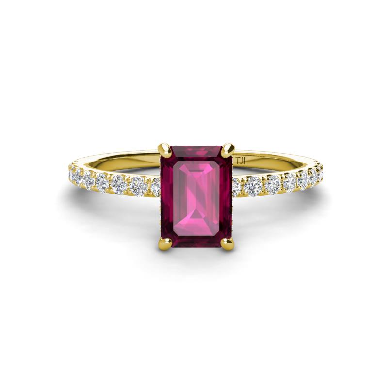 Charlotte Desire 7x5 mm Emerald Cut Rhodolite Garnet and Round Diamond Hidden Halo Engagement Ring 
