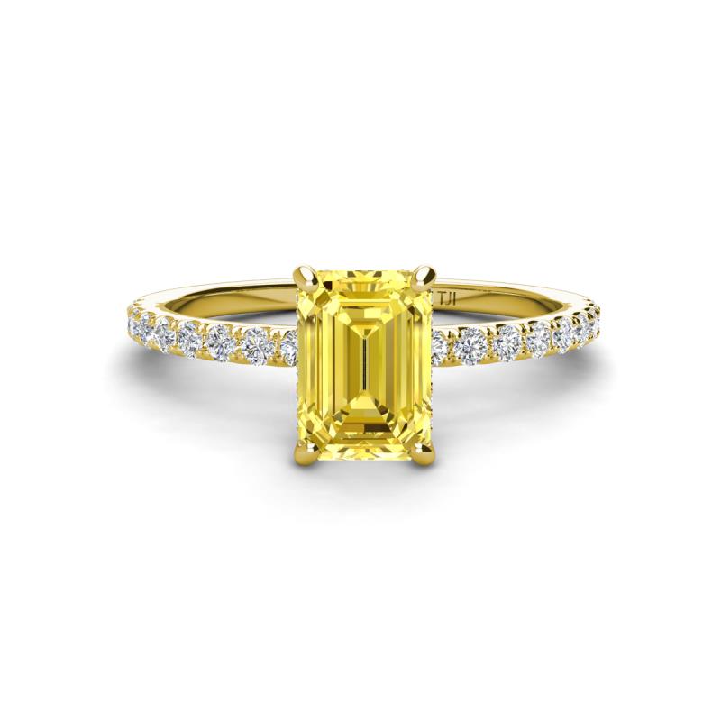 Charlotte Desire 7x5 mm Emerald Cut Yellow Sapphire and Round Diamond Hidden Halo Engagement Ring 