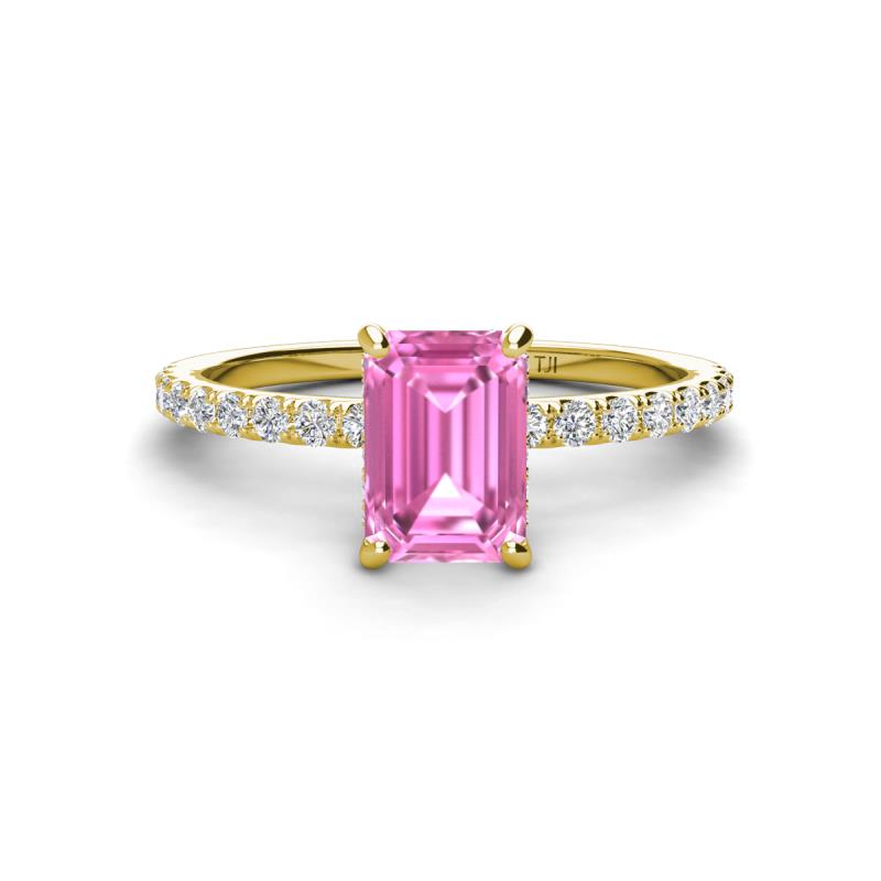 Charlotte Desire 7x5 mm Emerald Cut Pink Sapphire and Round Diamond Hidden Halo Engagement Ring 