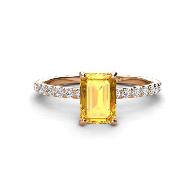 Charlotte Desire 7x5 mm Emerald Cut Citrine and Round Diamond Hidden Halo Engagement Ring 
