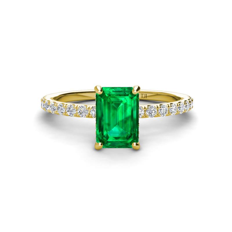 Charlotte Desire 7x5 mm Emerald Cut Emerald and Round Diamond Hidden Halo Engagement Ring 