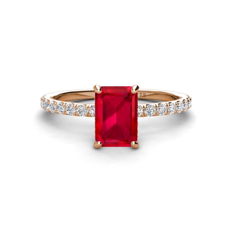 Charlotte Desire 7x5 mm Emerald Cut Ruby and Round Diamond Hidden Halo Engagement Ring 