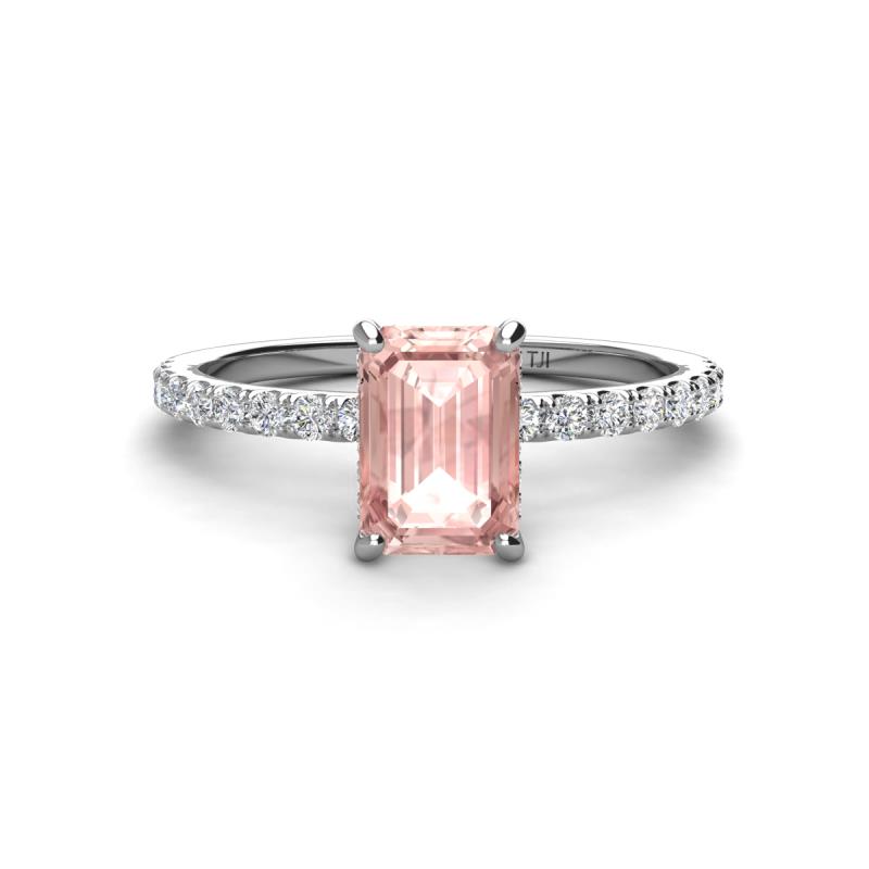 Charlotte Desire 7x5 mm Emerald Cut Morganite and Round Diamond Hidden Halo Engagement Ring 