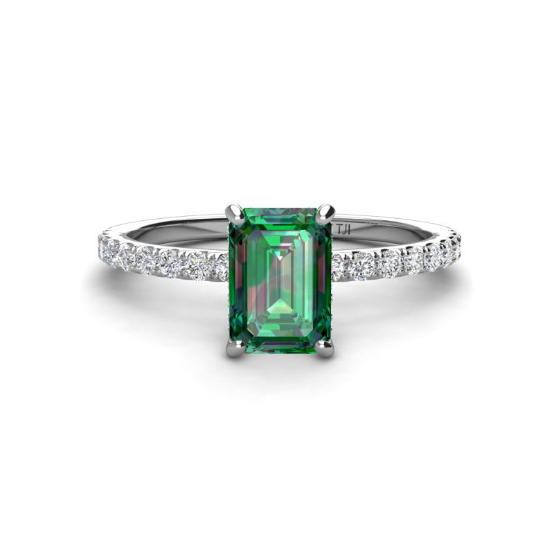 Charlotte Desire 7x5 mm Emerald Cut Lab Created Alexandrite and Round Diamond Hidden Halo Engagement Ring 