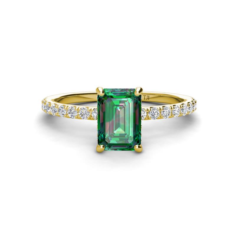 Charlotte Desire 7x5 mm Emerald Cut Lab Created Alexandrite and Round Diamond Hidden Halo Engagement Ring 