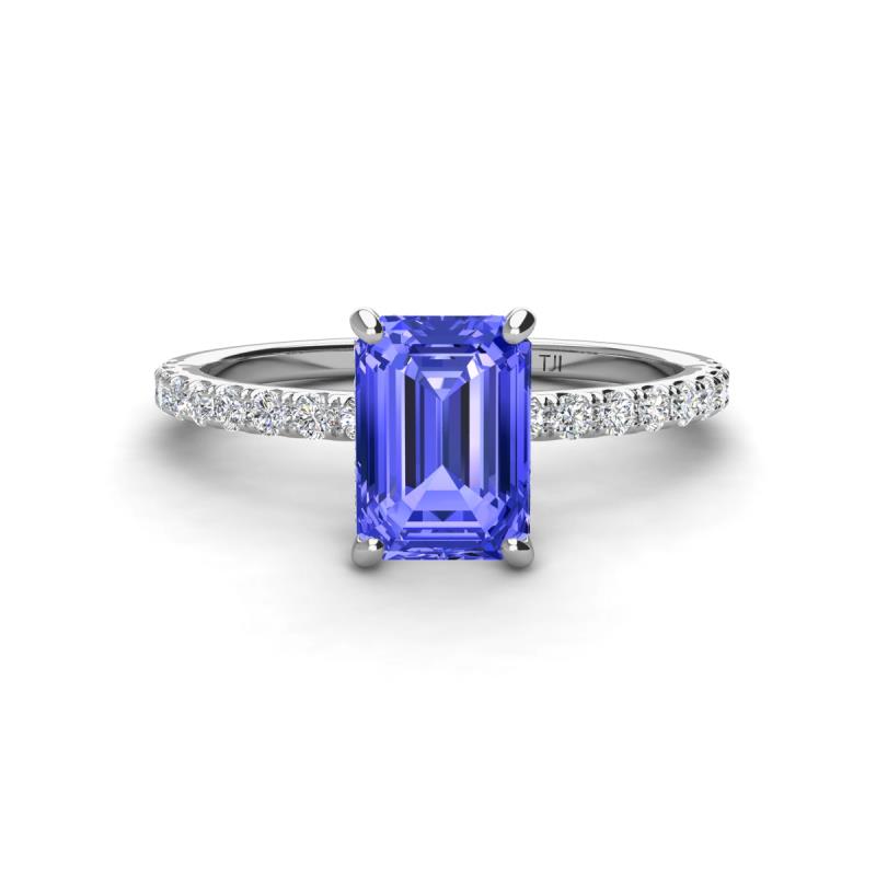 Charlotte Desire 8x6 mm Emerald Cut Tanzanite and Round Diamond Hidden Halo Engagement Ring 