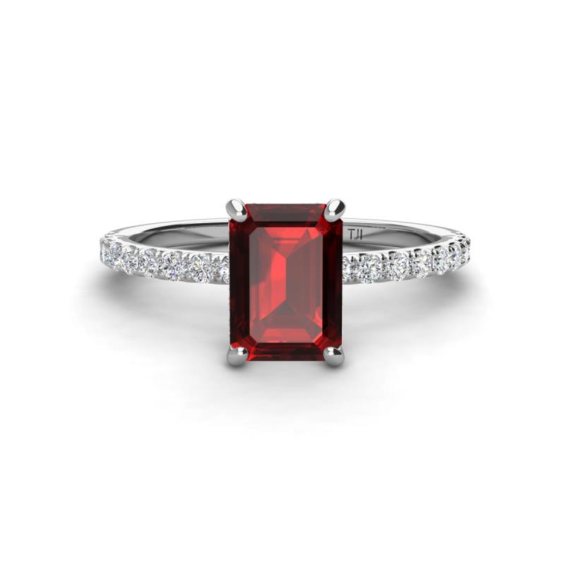 Charlotte Desire 8x6 mm Emerald Cut Red Garnet and Round Diamond Hidden Halo Engagement Ring 