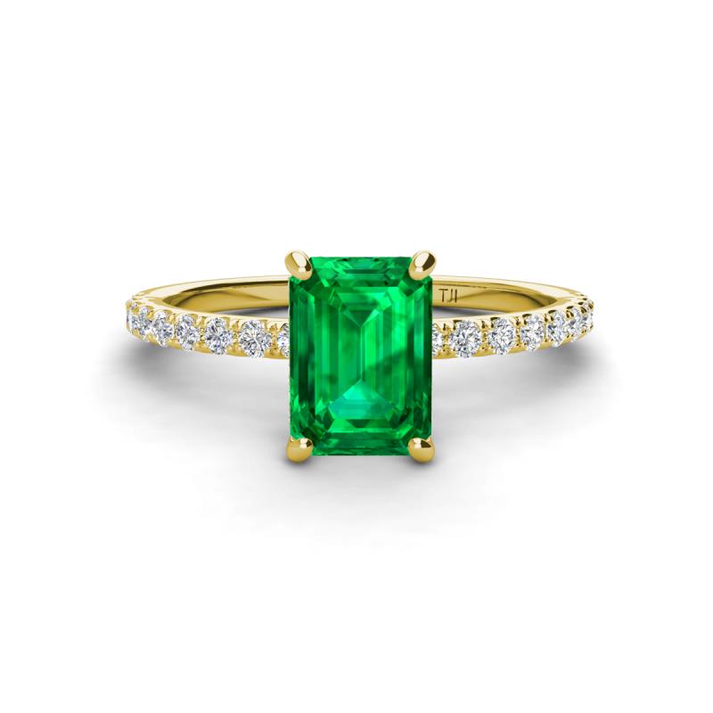 Charlotte Desire 8x6 mm Emerald Cut Emerald and Round Diamond Hidden Halo Engagement Ring 