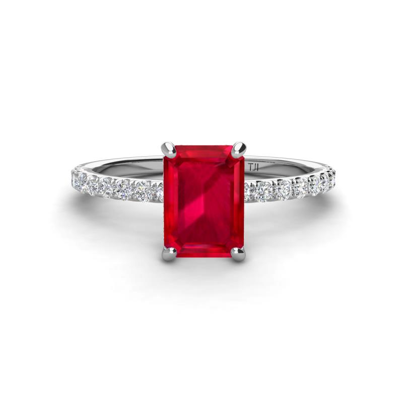 Charlotte Desire 8x6 mm Emerald Cut Ruby and Round Diamond Hidden Halo Engagement Ring 