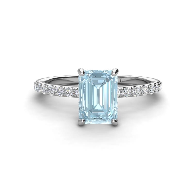 Charlotte Desire 8x6 mm Emerald Cut Aquamarine and Round Diamond Hidden Halo Engagement Ring 