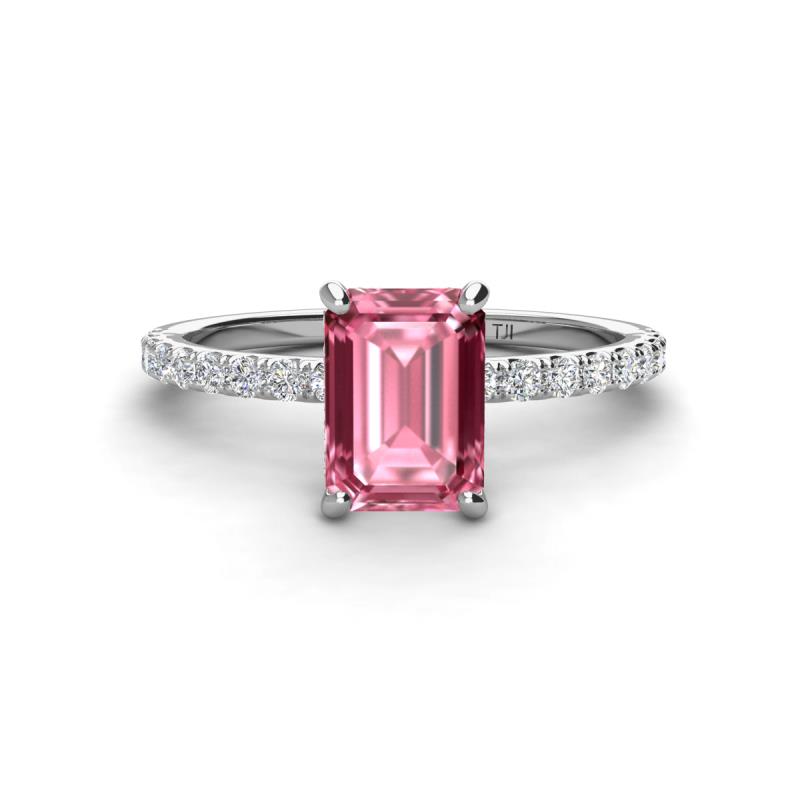 Charlotte Desire 8x6 mm Emerald Cut Pink Tourmaline and Round Diamond Hidden Halo Engagement Ring 