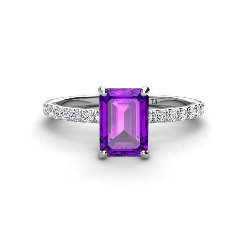Charlotte Desire 8x6 mm Emerald Cut Amethyst and Round Diamond Hidden Halo Engagement Ring 