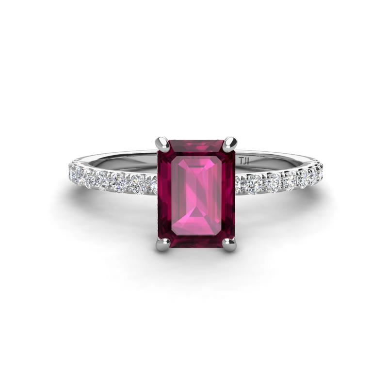 Charlotte Desire 8x6 mm Emerald Cut Rhodolite Garnet and Round Diamond Hidden Halo Engagement Ring 