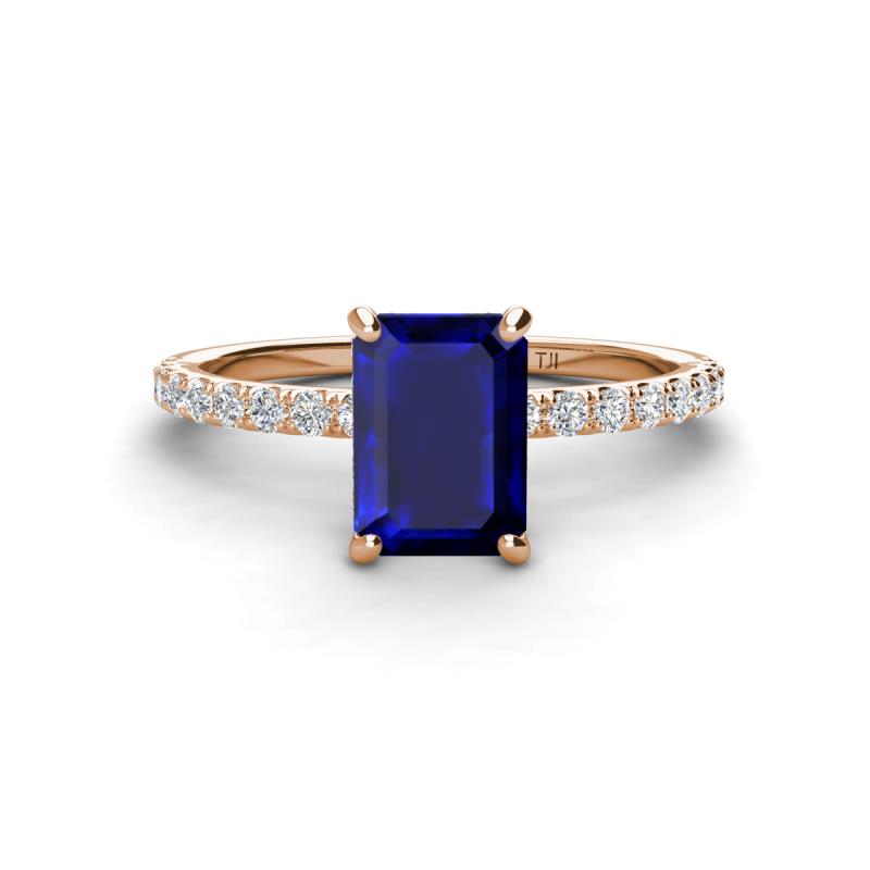 Charlotte Desire 8x6 mm Emerald Cut Blue Sapphire and Round Diamond Hidden Halo Engagement Ring 
